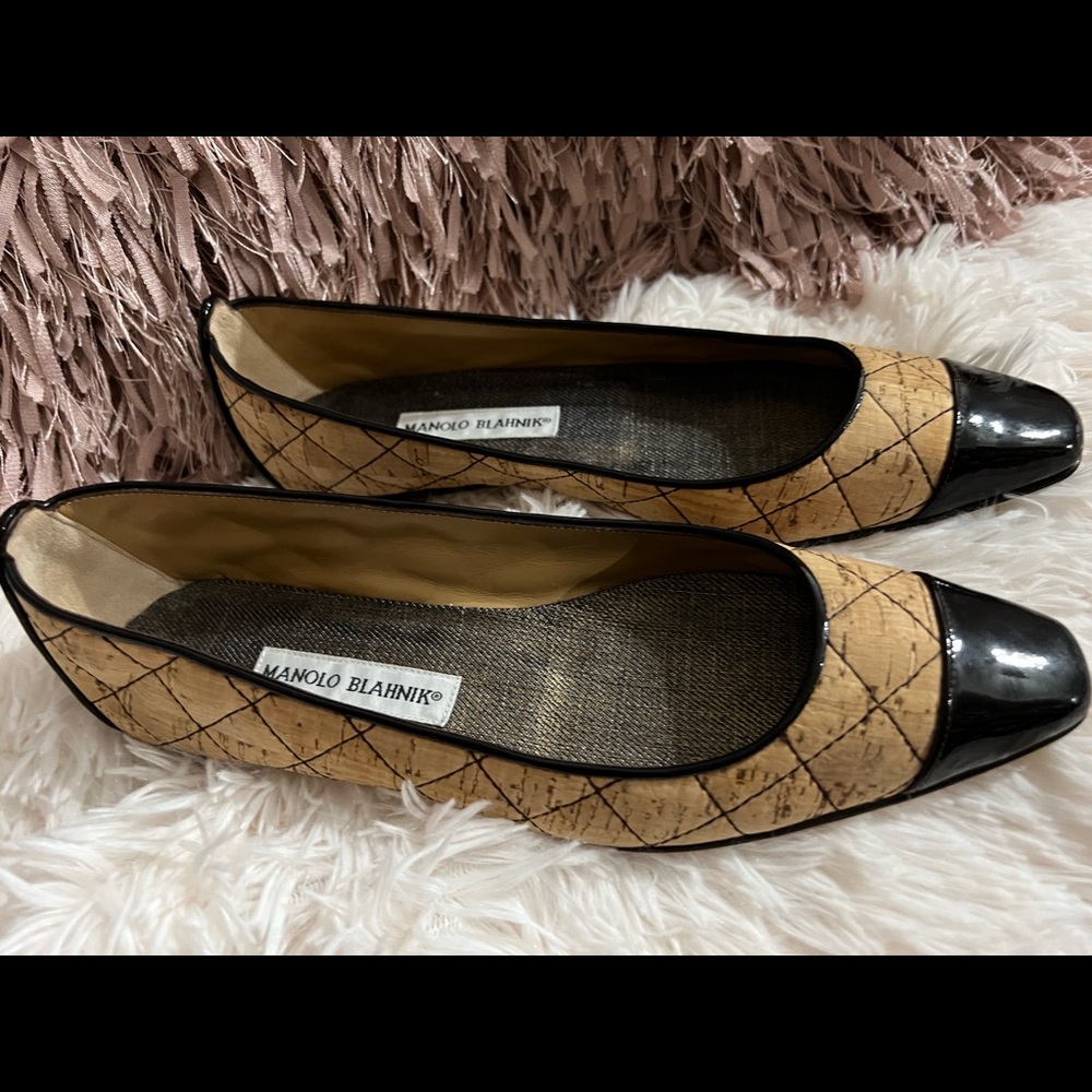 Flat Shoes NEW MANOLO BLAHNIK Giunglaca Quilted Cork Black Cap Toe FLATS SHOES